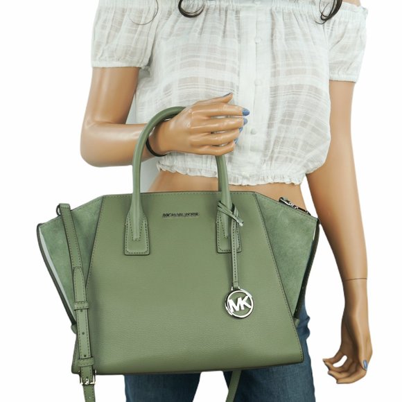 Michael Kors Avril Large Top Zip Satchel Shoulder Leather Bag Army Green - Picture 1 of 13